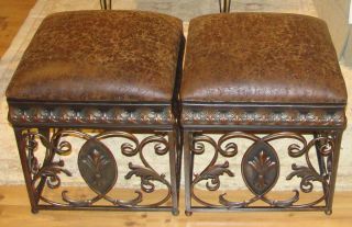 Nobel Import Pair of Iron and Leather Scroll Ottomans