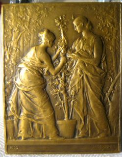 Antique Dupuis Bronze Lady Tree Art Bronze Sculpture Plaque Medal