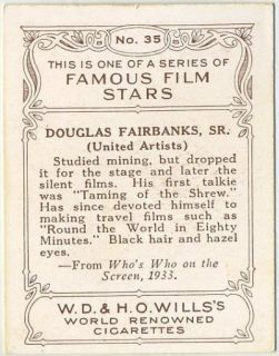 Douglas Fairbanks SR Vintage 1934 Wills Famous Film Stars Tobacco Card