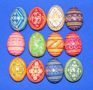 12 Wooden Ukrainian Pysanky Easter Painted Eggs