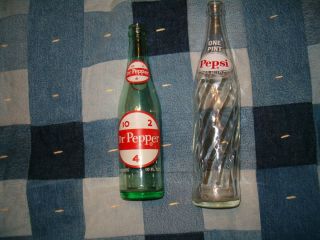 Old glass pop bottles 10 oz Dr Pepper and 1 Pint Pepsi cola Great