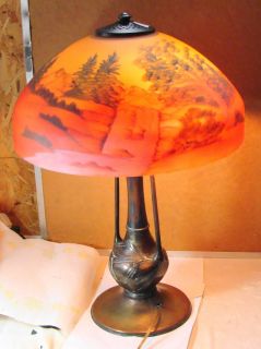 Large Bronze Base Reverse Painted Lamp Waterfall and Mountains