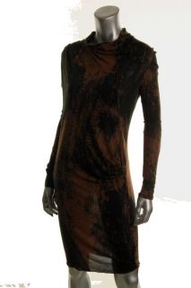 EDUN New Brown Modal Printed Long Sleeves Drapey Neck Casual Dress s