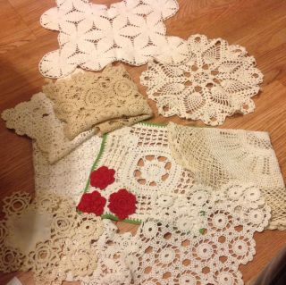  of 11 Linen Table Runners Dresser Scarves Tatted Doilies 30S