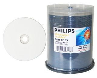 100 Philips DVD R 16x White Inkjet Hub Printable Disc