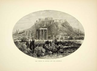 1879 Wood Engraving Edward Whymper Art Temple Jupiter Acropolis Athens