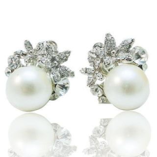 Bridal Floral Faux Pearl Clip on Earring Rhinestone Crystal Clear