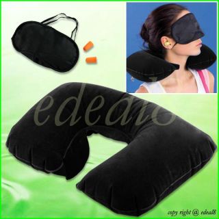 Black Travel Neck Inflatable Air Pillow + Eye Mask + 2 Ear Plugs