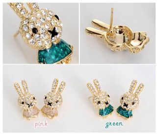Vintage Green Earring Dangle Rabbit Crystals Stud Ear Pin Jewelry