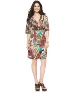 ECI New Brown Multi Floral Print Embellished Short Sleeve Wear to Work