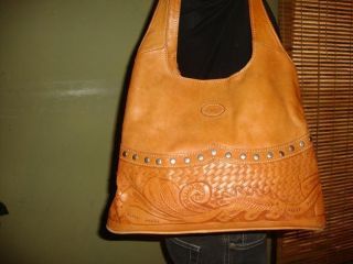 British Tan Tooled Leather Shoulder Bag Purse Tote Western