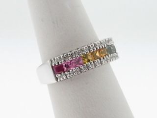Effy Pre Owned Multi Colored Sapphires Diamonds 14k White Gold Ring