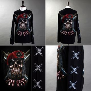 Rock Eagle Long Sleeve T Shirt Heavy Metal Biker Skull Red Beret 013 L