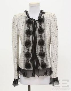 Emanuel Ungaro White & Black Beaded Chiffon Trim Tweed Jacket