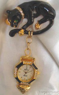 Black Enamel Panther Cat Matching Watch Brooch Pin 118