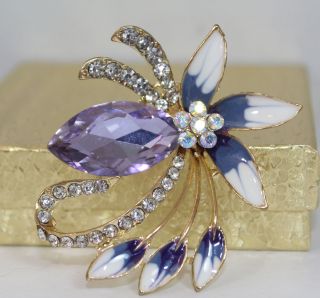 Enamel Flower Purple Aurora B Rhinestone Brooch Pin Fashion Costume