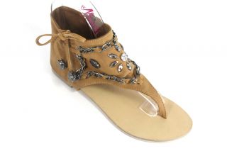 erica i bow chain studded ankle wrap zipper sandal camel