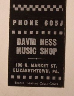 1940s Matchbook David Hess Music Shop Elizabethtown PA