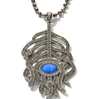  by Eva Simulated Lapis Feather Pendant with 19 Necklace