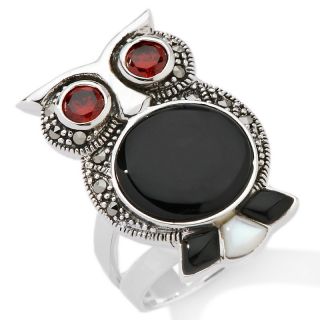 Marcasite, Onyx and CZ Owl Sterling Silver Ring