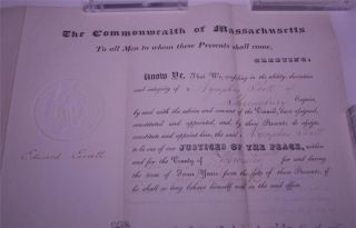  Justice of the Peace Document Signed Governor Edward Everett