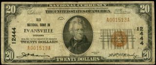 20 Evansville Indiana Old National Bank 1929 12444 National Currency