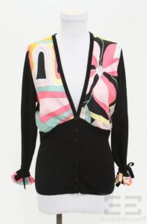 Emilio Pucci Black Wool Multicolor Silk Cardigan Size 14