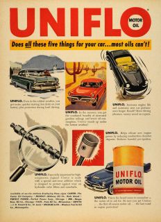1956 Ad Uniflo Motor Oil Car Engine Lubrication Tin Original