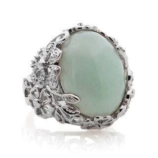 Sterling Silver Green Jade Ring with Flower Detail and Diamond Accents