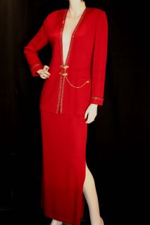Sz 6 St John Evening Cranberry Dress Suit Jacket Long Skirt Marie Grey