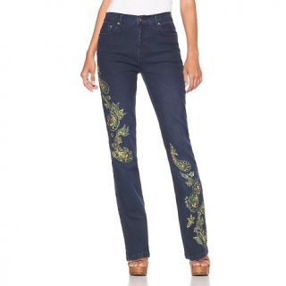 DG2 Embroidered Paisley and Jewels Indigo Boot Cut Jeans at