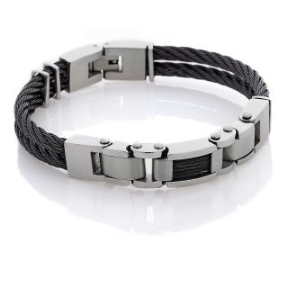 Mens Stainless Steel and Black Double Cable 8 Bracelet
