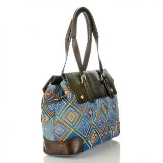 Sharif Embroidered Denim Tote with Leather Trim