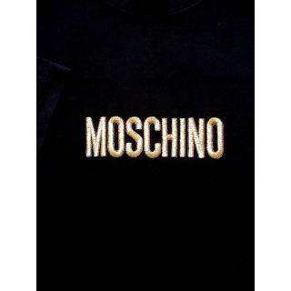 Moschino Embroidered Logo Cotton Tee Shirt Top Black Gold L
