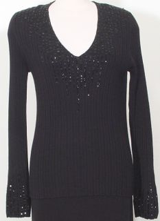 Ellen Tracy Black Silk Cashmere Bead Sweater L Sequin