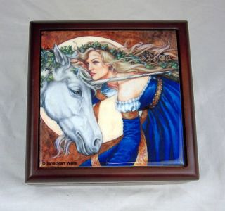  Tile Wood Jewelry Box Fairy Intertwined Unicorn Jane Star Wells