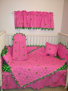 Crib Bedding Set Made w Pink John Deere Fabric Prairie Points