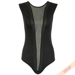  Sheer Panelled Bodysuit Top Blouse V Front Sexy Summer 9168