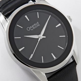 Caravelle Bulova Mens Black Dial Leather Strap Watch at