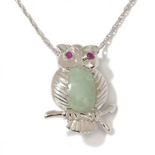 158 620 green jade and ruby sterling silver owl pin pendant with 18