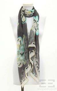 Emilio Pucci Gray, Teal & Yellow Floral & Chain Link Pattern Scarf