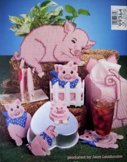 PLASTIC CANVAS PIGS, Pattern Book, Tissue Box Cover, Coasters, Magnets