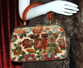 Vintage Tapestry Hand Bag 70s 80s Boho Carpet Needlepoint Floral
