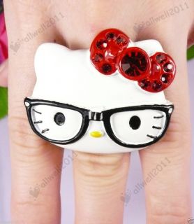 Adorable Hello Kitty Ring Big Face with Glasses Rhinestone Adjustable