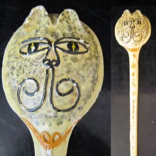 Vintage Carved Shabby Wood Cat Face Hand Mirror Cool