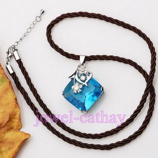 Blue Facet Crystal Square String Pendant Necklace Set