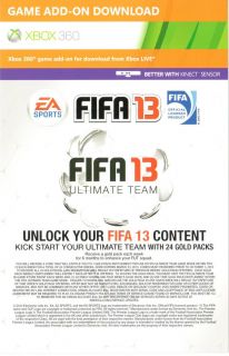 FIFA 13 2013 ULTIMATE TEAM CODE 24 GOLD PACKS DLC XBOX 360 (GAME NOT