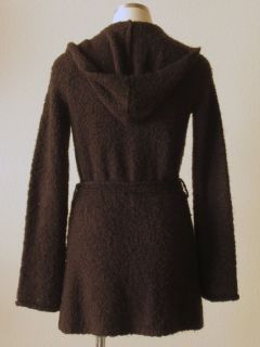 Crew Brown Stretchy Boucle Knit Long Belted Hooded Cardigan Sweater