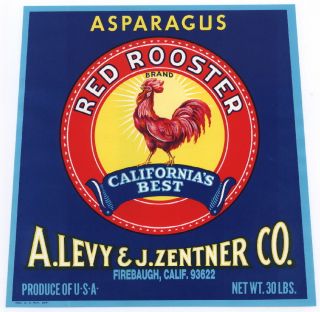 Red Rooster Vintage Firebaugh CA Asparagus Crate Label