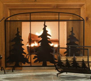 Metal Fireplace Screen with Decorative Rustic Evergreen Pine Tree